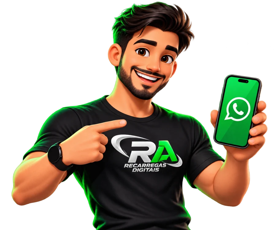 Mascote da Recargas Digitais segurando um celular com WhatsApp